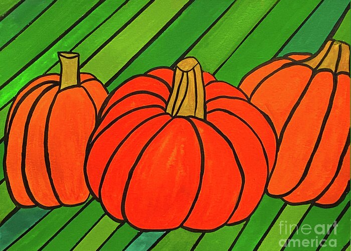 Fall Greeting Card featuring the mixed media Three Pumpkins by Lisa Neuman