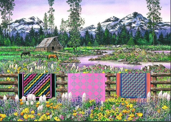 Mountains Greeting Card featuring the painting Three Sisters Quilts by Diane Phalen