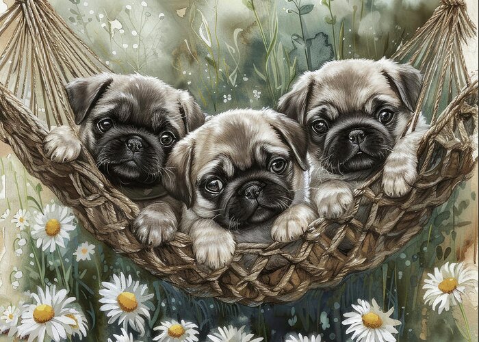 Pug Greeting Card featuring the painting Three Snug Pugs by Tina LeCour