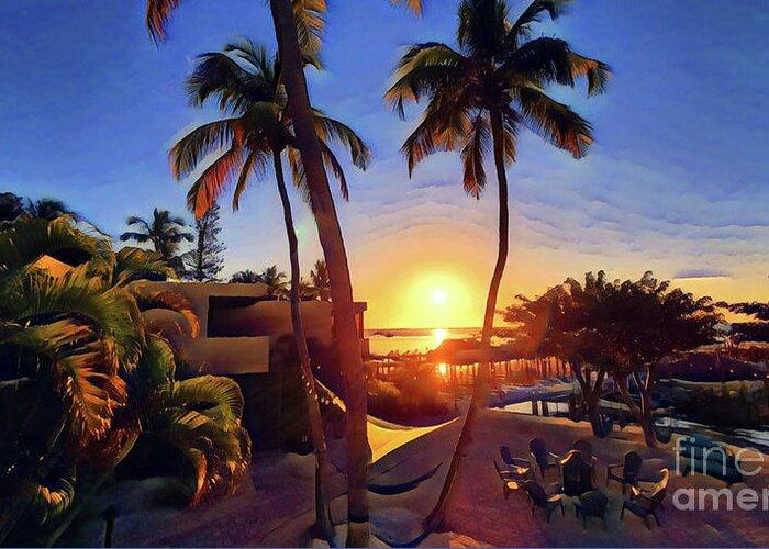 Key Largo Moon Bay Golden Glow Sunset Dock Boat Water Peace Serenity Happiness Blue Sky Palm Trees Reflections Eileen Kelly Artistic Aftermath Live Love Light Horizon Hope Art Artist Canvas Prints Grateful Greeting Card featuring the digital art Through the Palms by Eileen Kelly