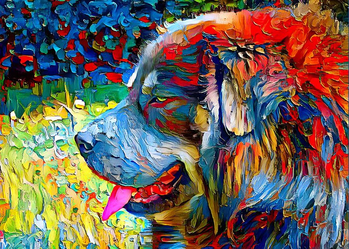 Tibetan Mastiff Greeting Card featuring the digital art Tibetan Mastiff dog sitting profile with its mouth open - colorful palette knife oil texture by Nicko Prints