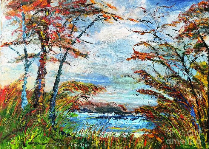 Lake Greeting Card featuring the painting Colorful Cheerful Autumn Lake Oil Painting by Catherine Ludwig Donleycott