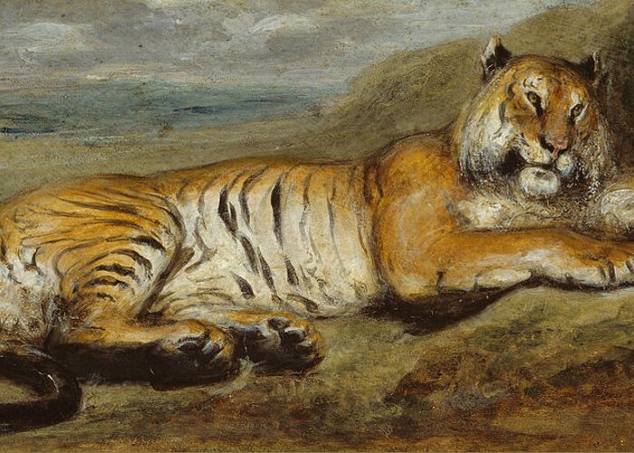 French Art Greeting Card featuring the painting Tiger Resting by Pierre Andrieu