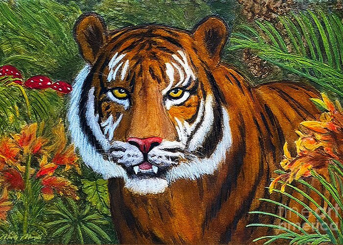 Snow Leopard Greeting Card featuring the mixed media Tiger V2 by Marty's Royal Art