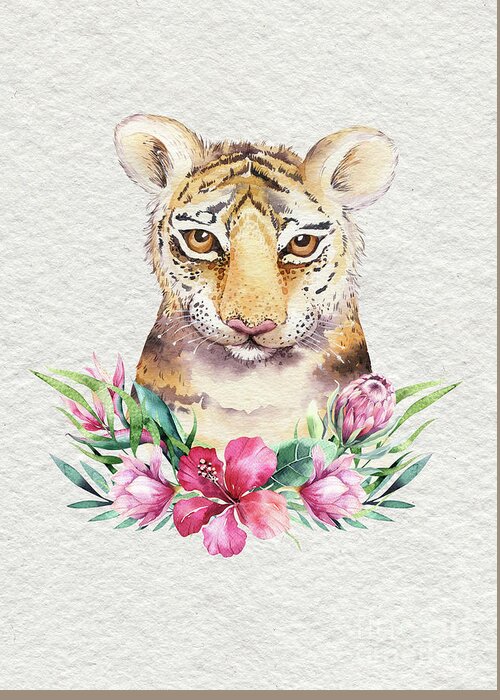 Tiger With Flowers Greeting Card featuring the painting Tiger With Flowers by Nursery Art