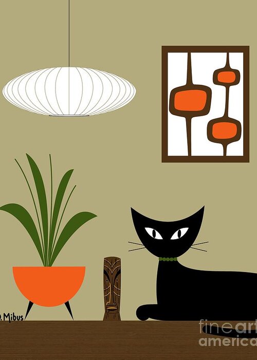 Mid Century Black Cat Greeting Card featuring the digital art Tiki Tabletop Cat with Pods by Donna Mibus
