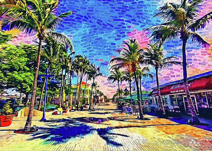 Fort Myers Greeting Card featuring the digital art Times Square, Fort Myers, at sunrise - impressionist painting by Nicko Prints