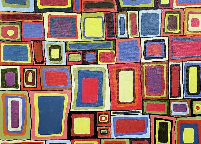 Colorful Abstract Greeting Card featuring the painting TIMES SQUARED RETRO Abstract of Squares in Red Blue Yellow Green Black by Lynnie Lang