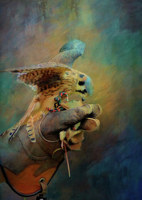 Kestrel Greeting Card featuring the mixed media Tiny Hunter Painting by Kathy Kelly