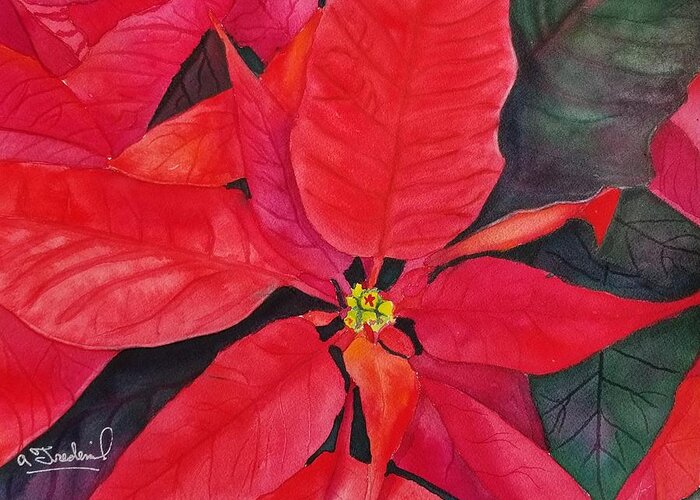 Poinsettia Greeting Card featuring the painting Tis the Season by Ann Frederick