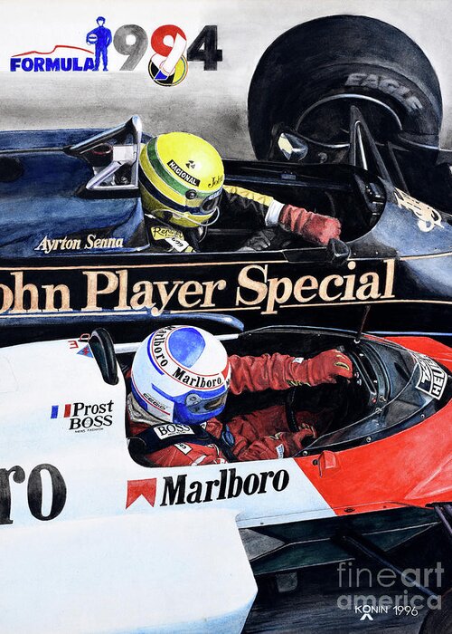Ayrton Senna Greeting Card featuring the painting Titans' Battle by Oleg Konin