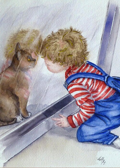 Kitty Greeting Card featuring the painting Toddlers Reflection by Kelly Mills
