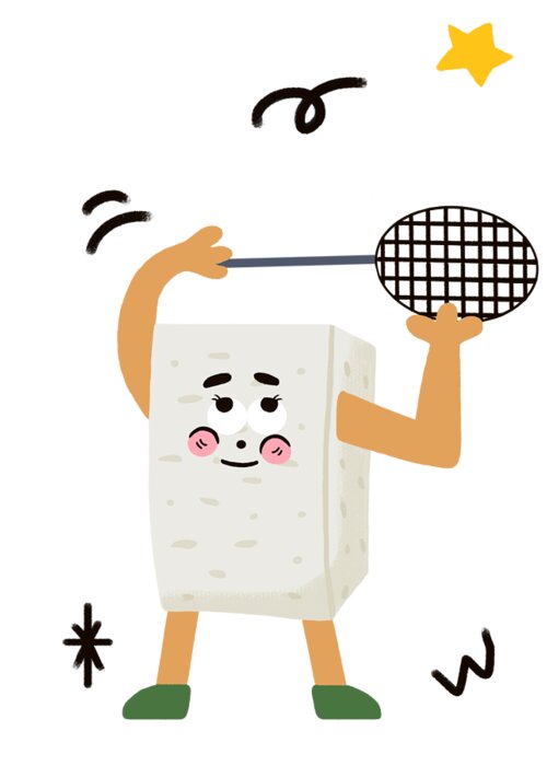 Tofu，bean Curd Greeting Card featuring the drawing Tofu loves playing badminton by Min Fen Zhu