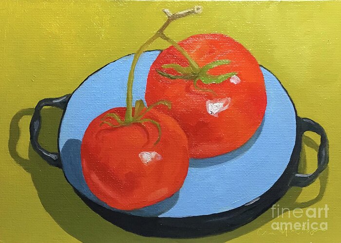 Tomato Greeting Card featuring the painting Tomatoes on Blue Plate by Anne Marie Brown