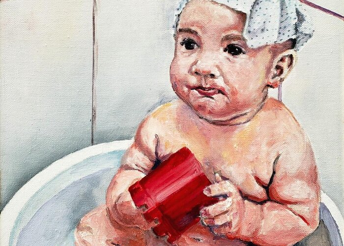 Tub Greeting Card featuring the painting Too Small Tub by Merana Cadorette