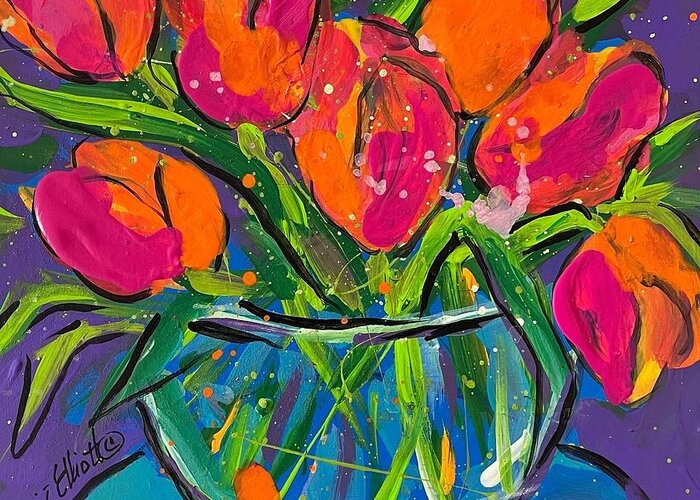 Tulips Greeting Card featuring the painting Too True Tulips by Elaine Elliott