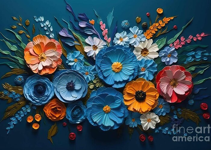 Portrait Greeting Card featuring the painting Top View, 3D Wallpaper Blue Flowers and Colorful Flowers Oil Pai by N Akkash