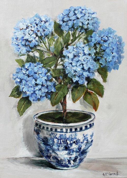 Blue Greeting Card featuring the painting Topiary Hydrangeas in Blue and White by Gail McCormack