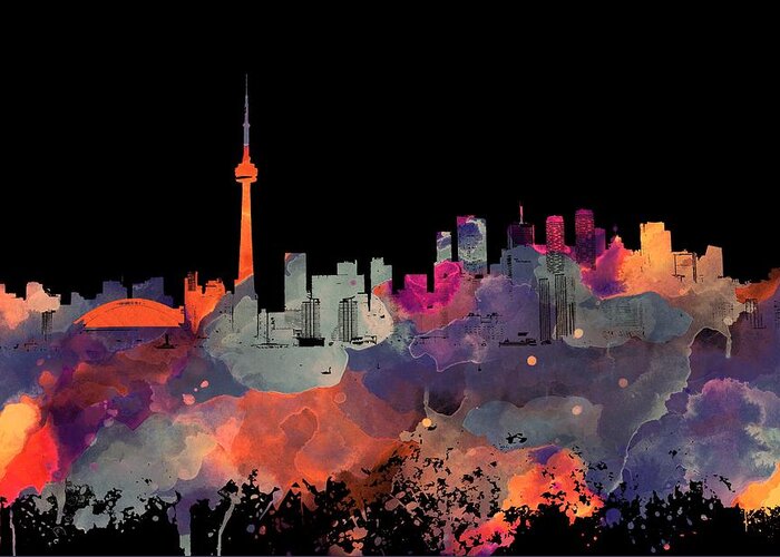 Toronto Greeting Card featuring the mixed media Toronto Ontario Canada black skyline Design 251 by Lucie Dumas
