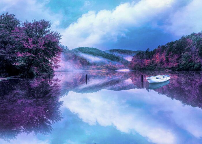 Carolina Greeting Card featuring the photograph Touch of Fog on the Lake at Nightfall by Debra and Dave Vanderlaan