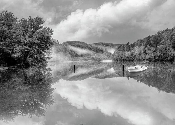 Carolina Greeting Card featuring the photograph Touch of Fog on the Lake Black and White by Debra and Dave Vanderlaan