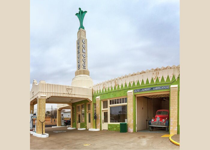 Conoco Tower Station Greeting Card featuring the photograph Tower Station - Route 66 - Shamrock Texas by Susan Rissi Tregoning