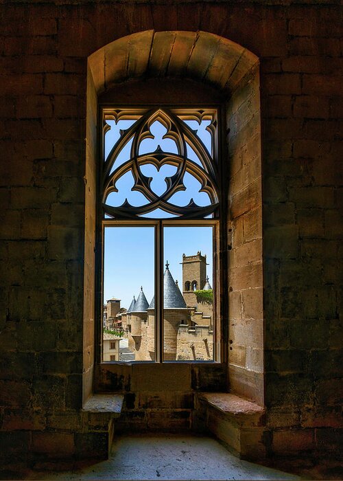 Ornate Greeting Card featuring the photograph Tower's ornate window by Micah Offman