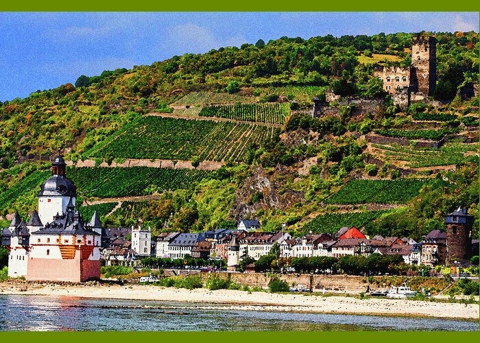 Rhine Gorge Greeting Card featuring the digital art Town of Kaub in the Rhine River Gorge, Watercolor on Sandstone by Ron Long Ltd Photography