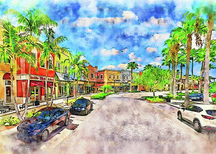 Tradition Square Greeting Card featuring the digital art Tradition Square in Port St. Lucie, Florida - pen and watercolor by Nicko Prints