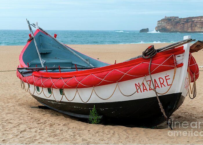 Traditional Greeting Card featuring the photograph Traditional fising boats, Nazare, Portugal n1 by Ilan Rosen