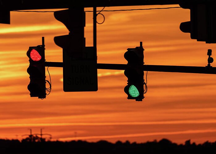 Sunset Greeting Card featuring the photograph Traffic Light Sunset by Jason Fink