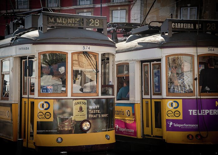 Alfama Greeting Card featuring the photograph Transportation tram at alfama area Lisbon city in Portugal by Michalakis Ppalis
