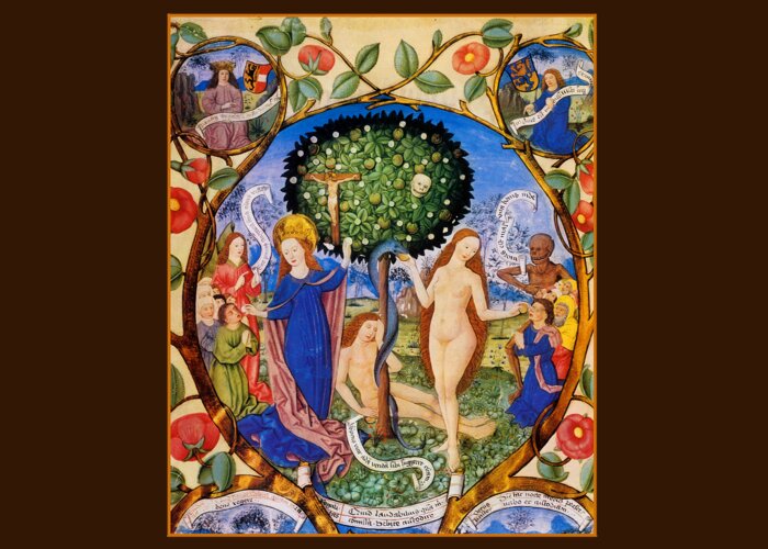 Tree Of Life Greeting Card featuring the painting Tree of Life and Death Flanked by Eve and Mary-Ecclesia by Unknown