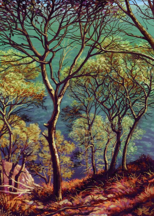Shore Greeting Card featuring the painting Trees by the Sea by Hans Neuhart