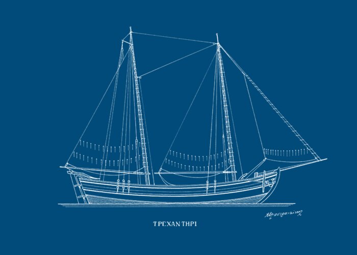 Nautical Decor Greeting Card featuring the drawing Trehantiri - traditional Greek sailing boat - Blueprint by Panagiotis Mastrantonis