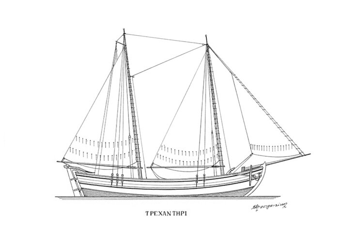 Nautical Decor Greeting Card featuring the drawing Trehantiri - traditional Greek sailing boat by Panagiotis Mastrantonis