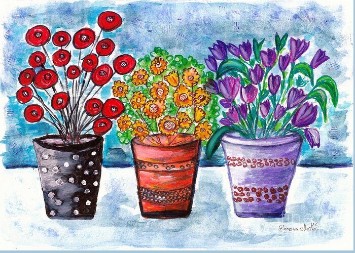Flowers Pots Greeting Card featuring the painting Trilogy by Ramona Matei