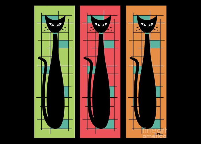Mid Century Modern Greeting Card featuring the digital art Trio of Cats Green, Salmon and Orange on Black by Donna Mibus