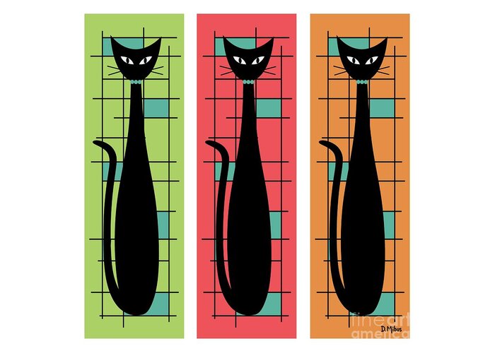Mid Century Modern Greeting Card featuring the digital art Trio of Cats Green, Salmon and Orange on White by Donna Mibus
