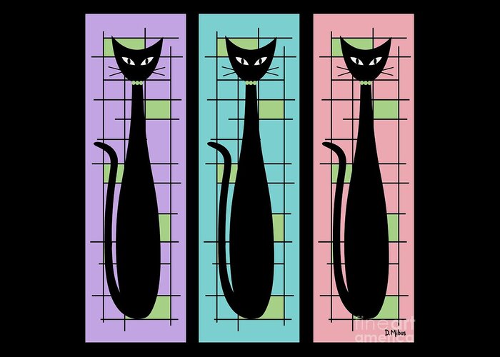 Mid Century Modern Greeting Card featuring the digital art Trio of Cats Purple, Blue and Pink on Black by Donna Mibus