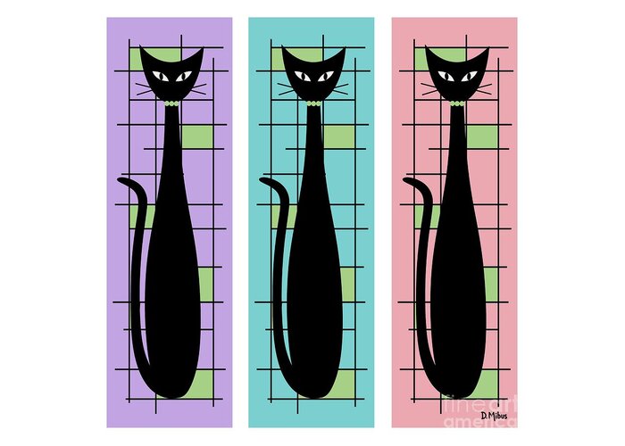 Mid Century Modern Greeting Card featuring the digital art Trio of Cats Purple, Blue and Pink on White by Donna Mibus