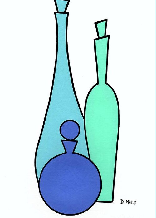 Mid Century Modern Gravel Art Greeting Card featuring the painting Trio of Mid Century Decanters in Cool Colors by Donna Mibus