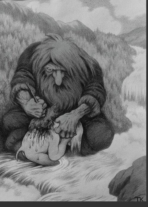 Theodor Kittelsen Greeting Card featuring the drawing Troll washing his child, 1905 by O Vaering by Theodor Kittelsen