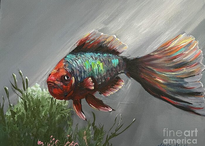 Tropical Fish Miroslaw Chelchowski Acrylic Painting On Canvas Ocean Fish Water Seascape Under The Sea Colors Red Blue Fin Seaweed Underwater Gray Deep In The Sea Ocean Beauty Greeting Card featuring the painting Tropical fish by Miroslaw Chelchowski