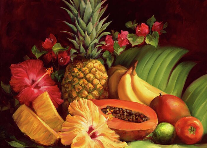 Tropical Greeting Card featuring the painting Tropical Fruit Pineapple and Hibiscus by Laurie Snow Hein