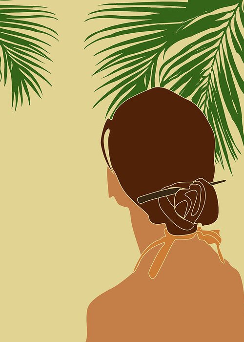 Tropical Reverie Greeting Card featuring the mixed media Tropical Reverie - Modern Minimal Illustration 12 - Girl, Palm Leaves - Tropical Aesthetic - Brown by Studio Grafiikka