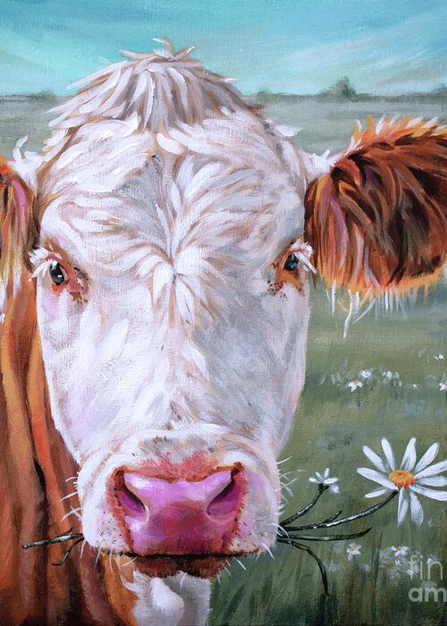 Cow Greeting Card featuring the painting Trouble 3.0 - White Face Cow Painting by Annie Troe