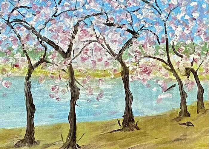 Cherry Blossoms Greeting Card featuring the painting Tuesday 2002 Full Bloom by John Macarthur