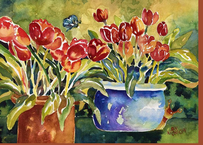 Red Tulips Greeting Card featuring the painting Tulips in Pots by Ann Nicholson