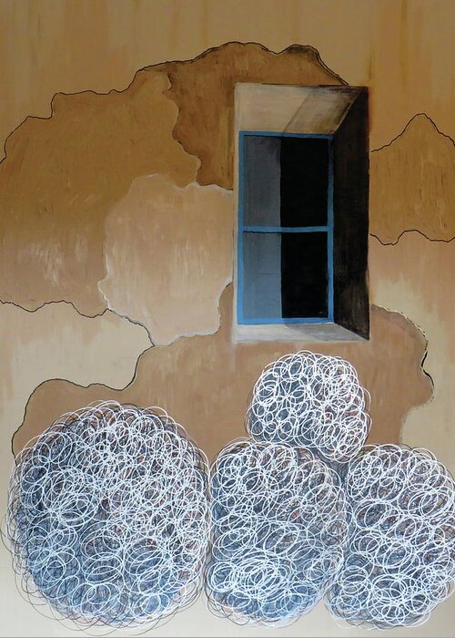 Southwest Greeting Card featuring the painting Tumbleweeds at window by Ted Clifton
